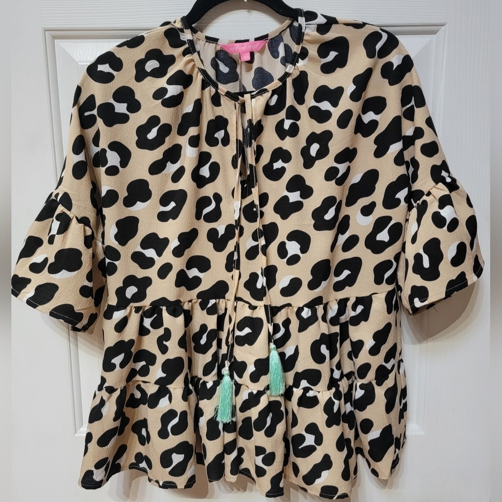 Simply Southern Leopard Gather Blouse with Tassels Size Small